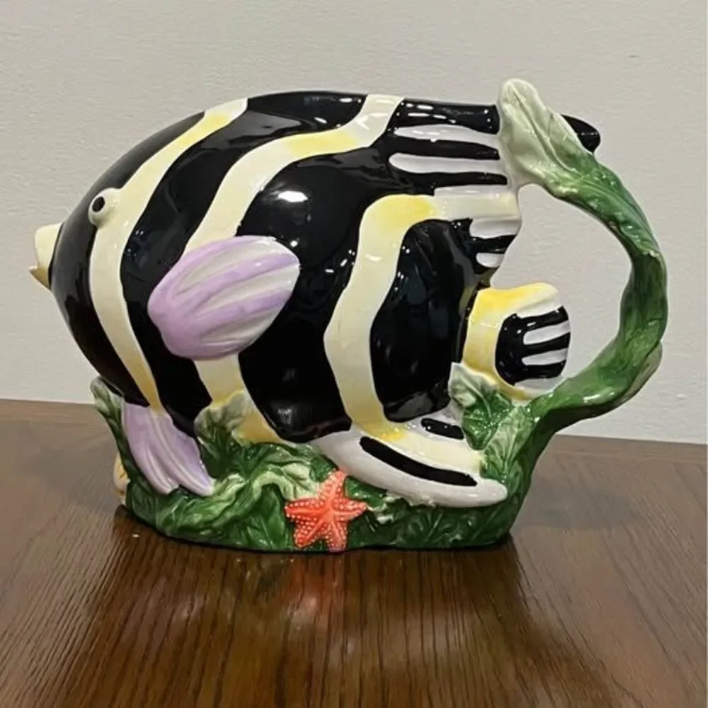Vintage Sakura Clare Murray Tropical Fish Pitcher, Hand Painted Ceramic,